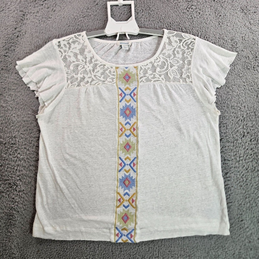 Sundance Top Blouse Women Large 100% Linen Lace Colorful Embroidered White